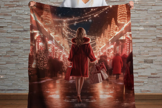 Sherpa Throw Blanket - Woman Christmas Shopping in Red Coat Design - Soft Plush Throw Blanket