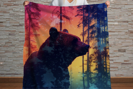 Sherpa Throw Blanket - Bear in Woods in colorful Sunset - Soft Plush Throw Blanket