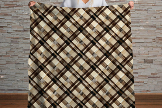 Sherpa Throw Blanket - Beige and Brown Plaid - Soft Plush Throw Blanket