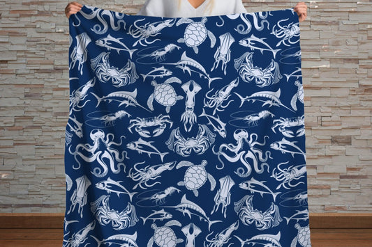 Sherpa Throw Blanket - Blanket Navy Ocean Sea Creatures Pattern Marine Life - Soft Plush Throw Blanket
