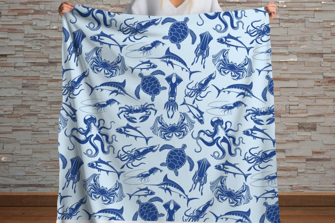 Sherpa Throw Blanket - Ocean life Nautical Blue - Soft Plush Throw Blanket