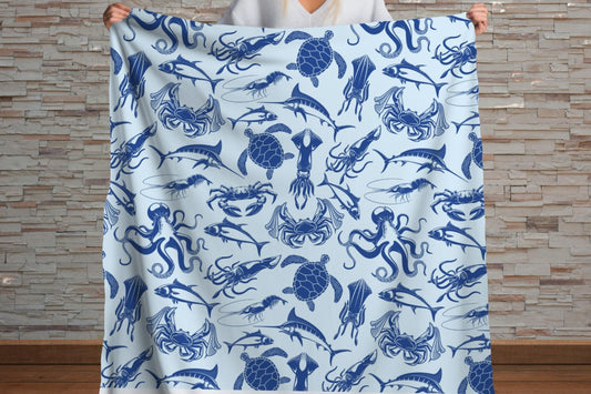 Sherpa Throw Blanket - Ocean life Nautical Blue - Soft Plush Throw Blanket