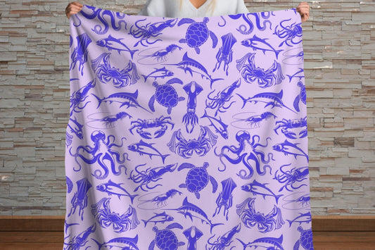 Sherpa Throw Blanket - Purple and Pink Ocean Sea Creatures Pattern Marine Life - Soft Plush Throw Blanket
