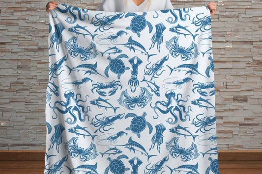 Sherpa Throw Blanket - Blue on White Ocean Sea Creatures Pattern Marine Life - Soft Plush Throw Blanket
