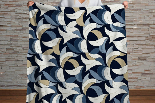 Sherpa Throw Blanket - Blue and Beige Abstract Wave Pattern Modern Geometric - Soft Plush Throw Blanket