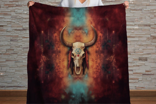 Sherpa Throw Blanket - Boho Bull Skull Southwestern Art Design -Soft Plush Throw Blanket