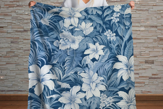 Sherpa Throw Blanket - Blue Tropical Floral Pattern Elegant Botanical - Soft Plush Throw Blanket