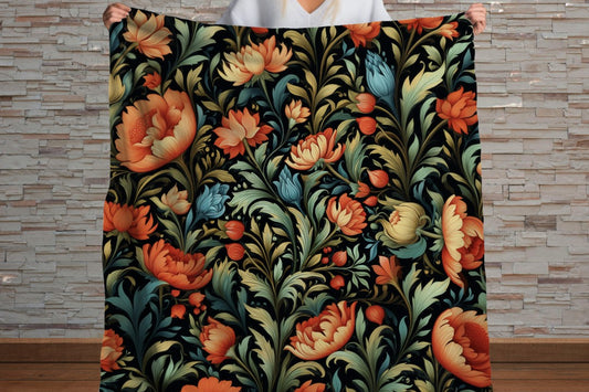 Sherpa Throw Blanket - Bold Orange and Teal Floral Pattern Artistic Botanical - Soft Plush Throw Blanket