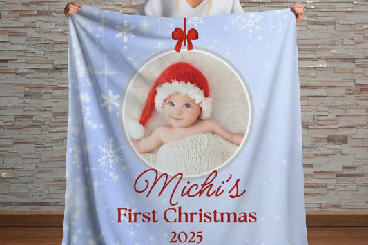 Sherpa Throw Blanket - Custom Baby's First Christmas Design with Ornament, Photo, Name and Year- Soft Plush Throw Blanket