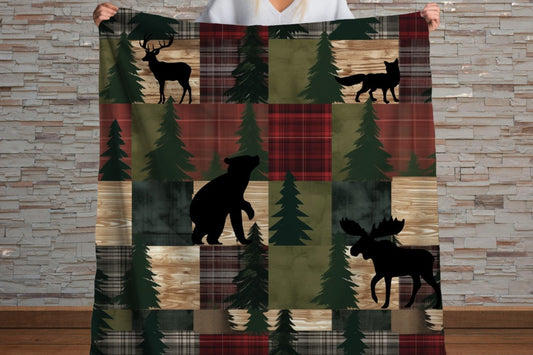 Sherpa Throw Blanket - Rustic Woodland Patchwork with Bear, Moose, Deer & Fox Cozy Cabin Lodge - Soft Plush Throw Blanket