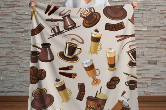 Sherpa Throw Blanket - Coffee Drink Pattern Cozy Barista Style - Soft Plush Throw Blanket
