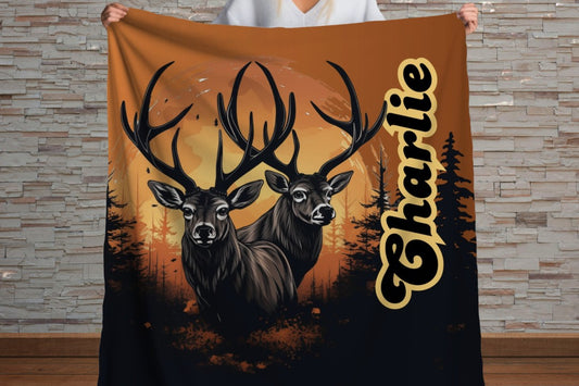 Sherpa Throw Blanket - Custom Name Deer in Sunset Design for Hunting Season - Soft Plush Throw Blanket
