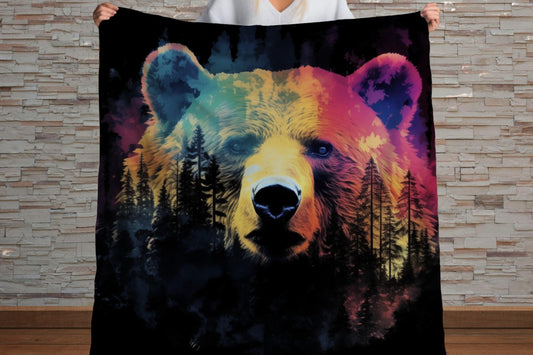 Sherpa Throw Blanket - Colorful Bear Forest Silhouette with Woods Artistic - Soft Plush Throw Blanket