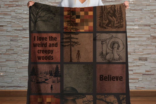 Sherpa Throw Blanket - Creepy Woods Alien and Big Foot - Soft Plush Throw Blanket