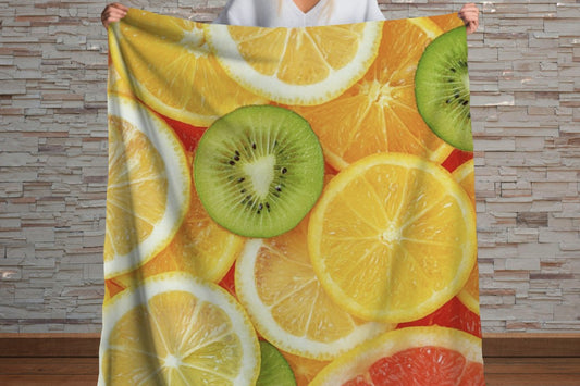Sherpa Throw Blanket - Colorful Fruit Pattern with Kiwi, Lemon, Orange & Grapefruit Tropical - Soft Plush Throw Blanket