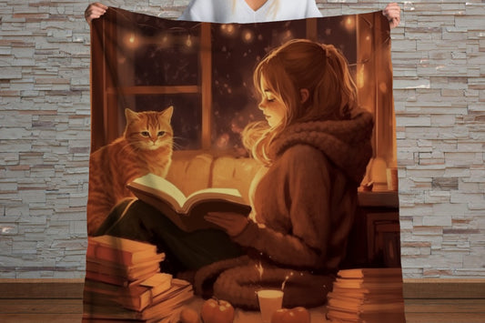 Sherpa Throw Blanket - Cozy Reading Books and Cat - Soft Plush Throw Blanket