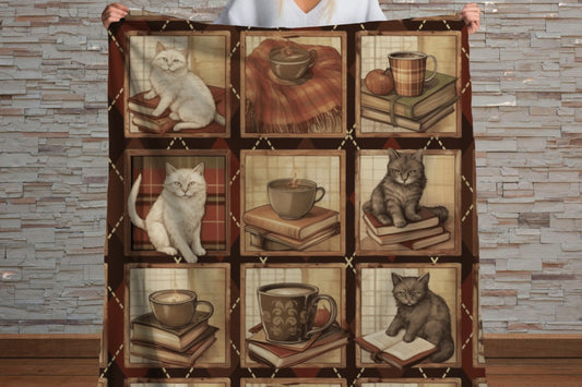 Sherpa Throw Blanket - Cozy Cat and Books - Soft Plush Throw Blanket