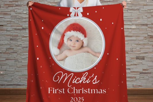 Sherpa Throw Blanket - Custom Baby's First Christmas Design with Ornament, Photo, Name and Year - Soft Plush Throw Blanket