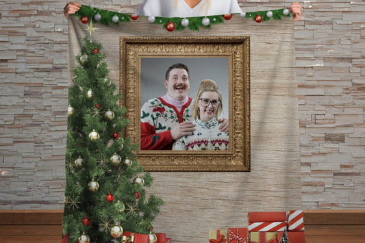 Sherpa Throw Blanket - Custom Christmas Photo Design with Tree and Fireplace - Soft Plush Throw Blanket