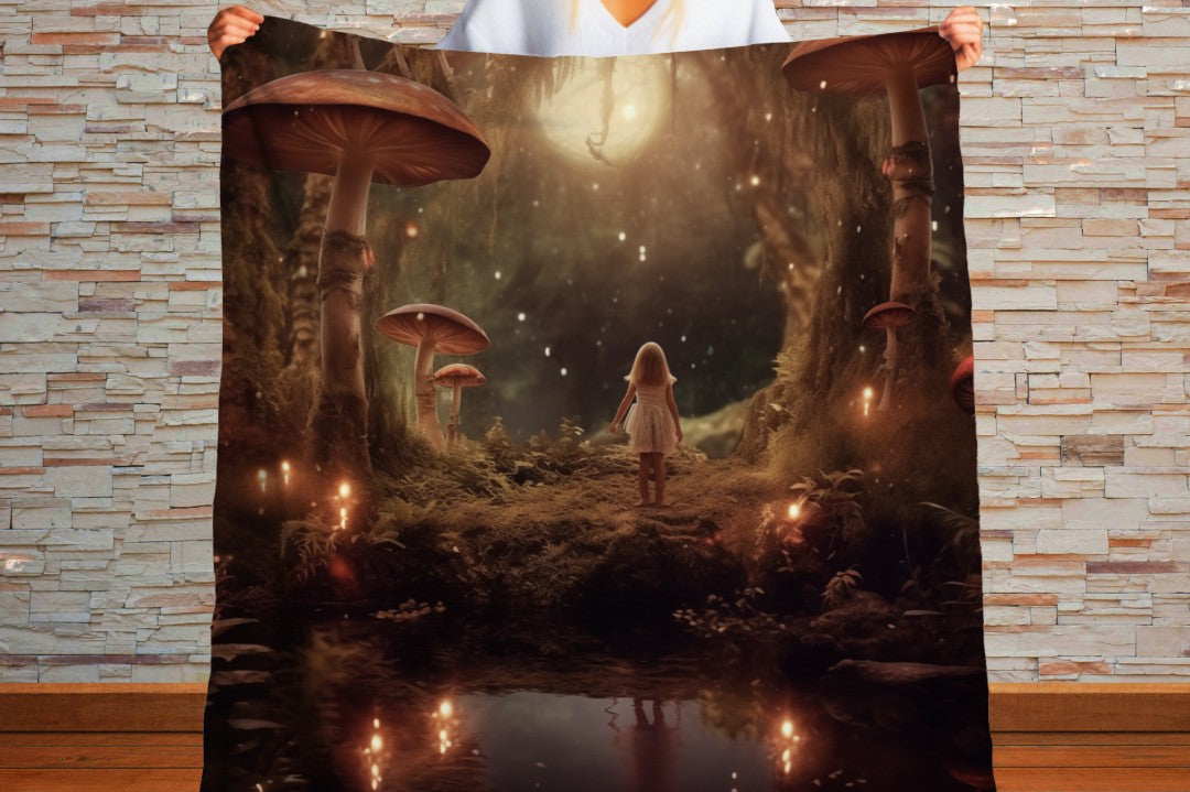 Sherpa Throw Blanket - Girl in Enchanted Mushroom Forest Fantasy Art -Soft Plush Throw Blanket-Jacobson Cottage