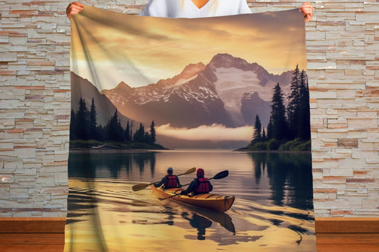 Sherpa Throw Blanket - Kayaking in the mountains at dusk on a reflective lake - Soft Plush Throw Blanket-Jacobson Cottage