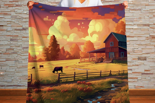 Sherpa Throw Blanket - Painting Print with Cows in Farm with Farm House in Sunset - Soft Plush Throw Blanket-Jacobson Cottage