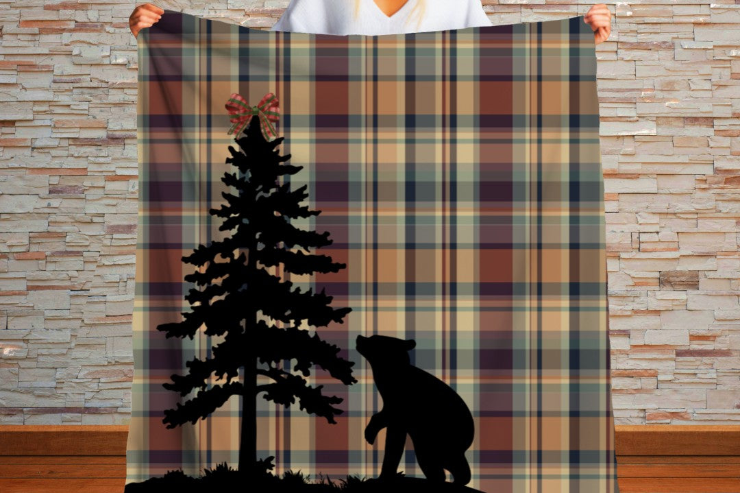 Sherpa Throw Blanket - Plaid Christmas Bear Cabin - Soft Plush Throw Blanket-Jacobson Cottage