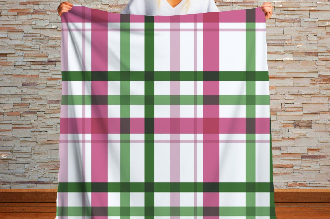Sherpa Throw Blanket - Pink and Green Plaid Pattern Cozy Farmhouse Style - Soft Plush Throw Blanket-Jacobson Cottage