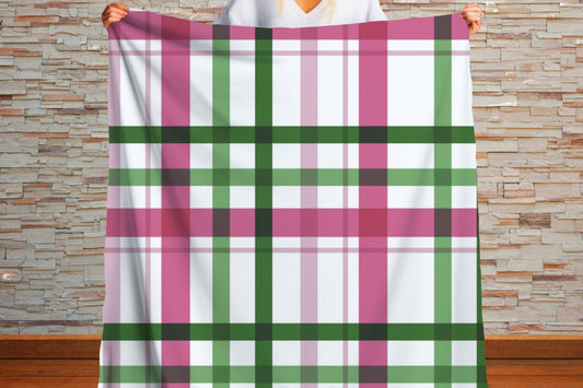 Sherpa Throw Blanket - Pink and Green Plaid Pattern Cozy Farmhouse Style - Soft Plush Throw Blanket-Jacobson Cottage