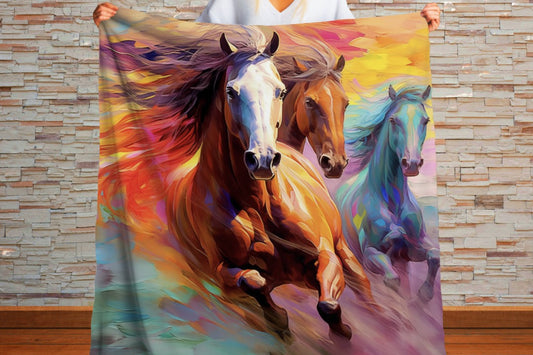 Sherpa Throw Blanket - Wild Horses Painting Design - Soft Plush Throw Blanket-Jacobson Cottage