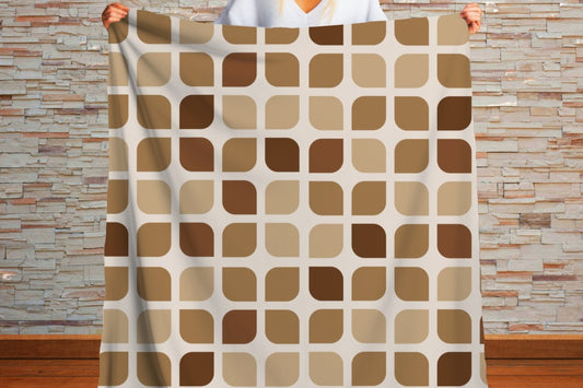 Sherpa Throw Blanket - Sherpa Blanket Retro Brown Geometric Square Pattern Mid-Century Modern - Soft Plush Throw Blanket-Jacobson Cottage