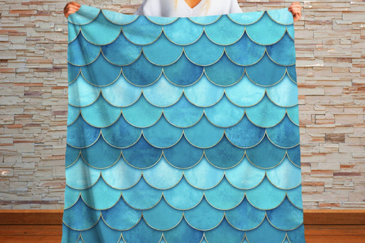 Sherpa Throw Blanket - Teal and Aqua Mermaid Scale Pattern - Soft Plush Throw Blanket-Jacobson Cottage