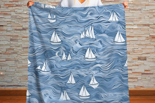Sherpa Throw Blanket - Nautical Sailboat Blue Ocean Design - Soft Plush Throw Blanket-Jacobson Cottage