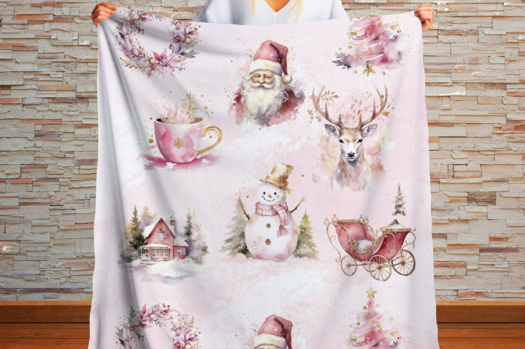 Sherpa Throw Blanket - Pink Christmas Santa Claus - Soft Plush Throw Blanket-Jacobson Cottage