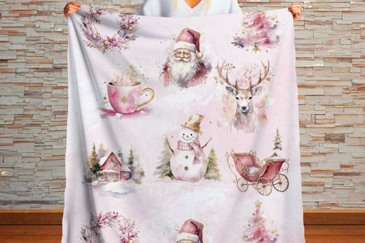 Sherpa Throw Blanket - Pink Christmas Santa Claus - Soft Plush Throw Blanket-Jacobson Cottage