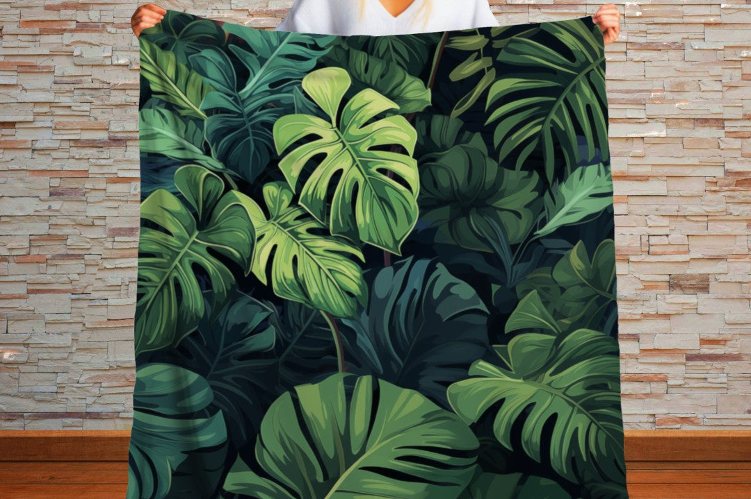 Sherpa Throw Blanket - Tropical Jungle Monstera Leaf Design Blue and Green -Soft Plush Throw Blanket-Jacobson Cottage
