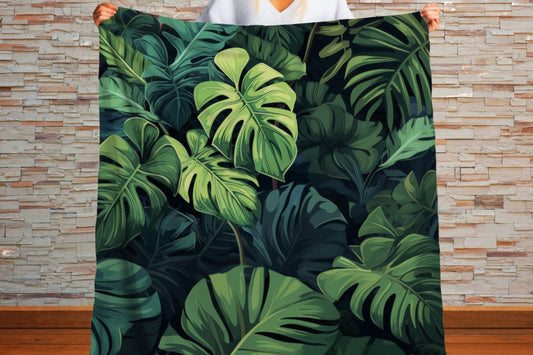 Sherpa Throw Blanket - Tropical Jungle Monstera Leaf Design Blue and Green -Soft Plush Throw Blanket-Jacobson Cottage