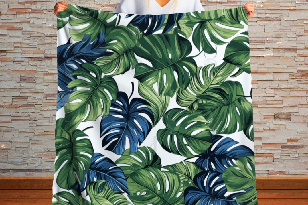 Sherpa Throw Blanket - Tropical Jungle Monstera Leaf Design Blue and Green on White -Soft Plush Throw Blanket-Jacobson Cottage