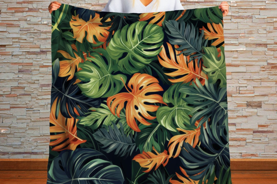 Sherpa Throw Blanket - Tropical Jungle Monstera Leaf Design - Soft Plush Throw Blanket-Jacobson Cottage