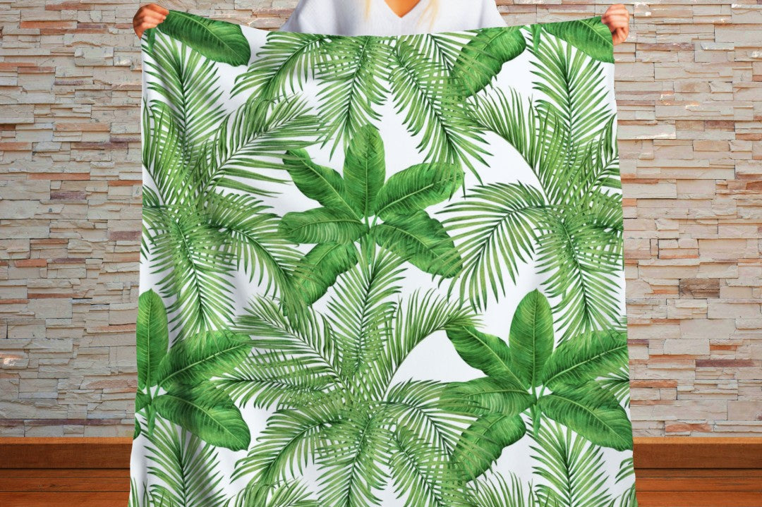 Sherpa Throw Blanket - Tropical Green Palm Leaf Pattern Jungle Inspired - Soft Plush Throw Blanket-Jacobson Cottage