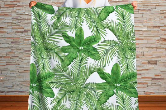 Sherpa Throw Blanket - Tropical Green Palm Leaf Pattern Jungle Inspired - Soft Plush Throw Blanket-Jacobson Cottage