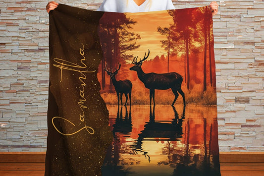Sherpa Throw Blanket - Personalized Deer by Lake at Sunset Custom Name Hunting Design - Soft Plush Throw Blanket-Jacobson Cottage