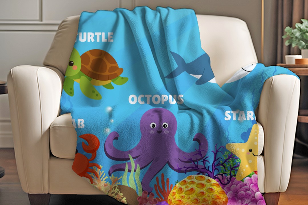 Sherpa Throw Blanket - Kids Ocean Animals Design - Soft Plush Throw Blanket-Jacobson Cottage