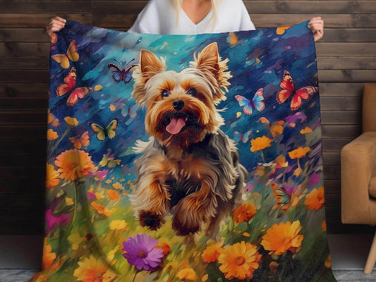 Sherpa Throw Blanket - Yorkie in Garden Yorkshire Terrier - Soft Plush Throw Blanket-Jacobson Cottage
