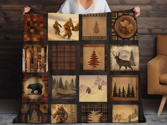 Sherpa Throw Blanket - Winter Cabin Skiing - Soft Plush Throw Blanket-Jacobson Cottage