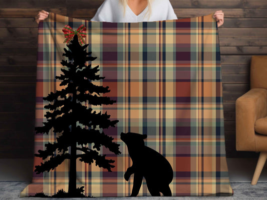 Sherpa Throw Blanket - Plaid Christmas Bear Cabin - Soft Plush Throw Blanket-Jacobson Cottage