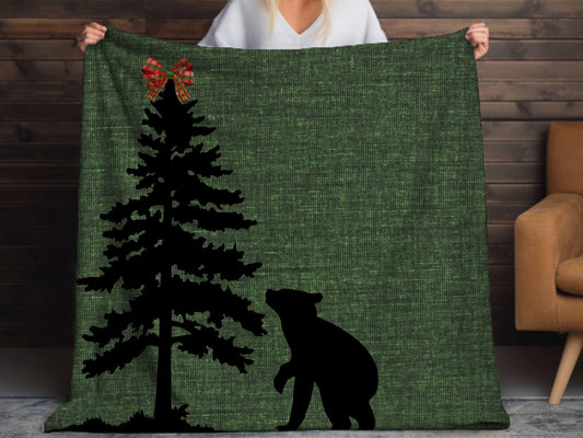 Sherpa Throw Blanket - Green Christmas Bear in the Woods - Soft Plush Throw Blanket-Jacobson Cottage