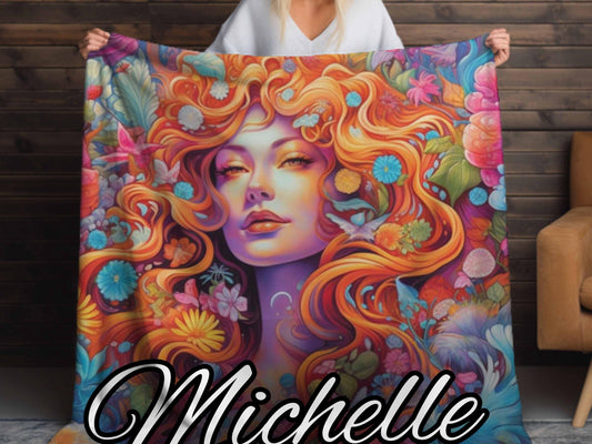 Sherpa Throw Blanket - Psychedelic Goddess with Custom Name Soft - Plush Throw Blanket-Jacobson Cottage