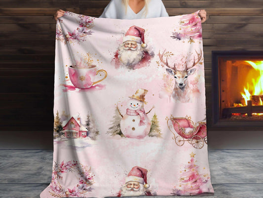 Sherpa Throw Blanket - Pink Christmas Santa Claus - Soft Plush Throw Blanket-Jacobson Cottage