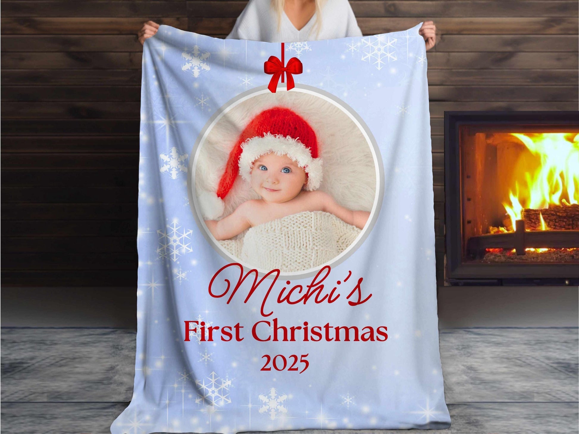 Sherpa Throw Blanket - Custom Baby's First Christmas Design with Ornament, Photo, Name and Year- Soft Plush Throw Blanket-Jacobson Cottage